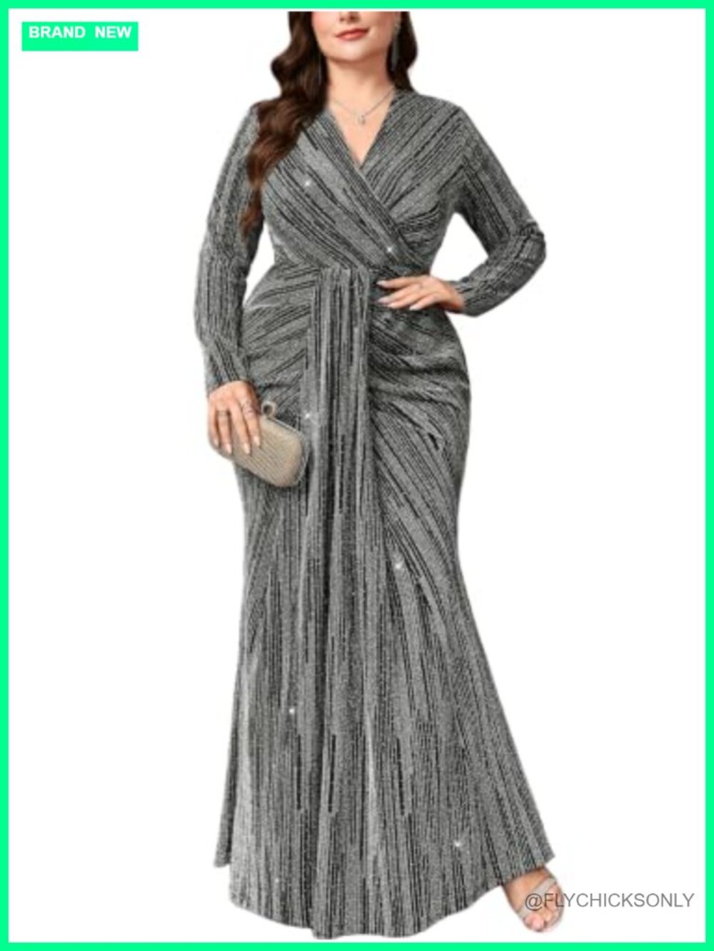 Plus Size Sparkly Bodycon Mermaid Maxi Dress Long Sleeve V-Neck Ruched Formal
